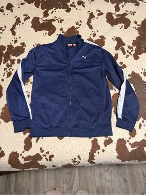Puma Navy Bomber Jacket with White Sleeve Stripes